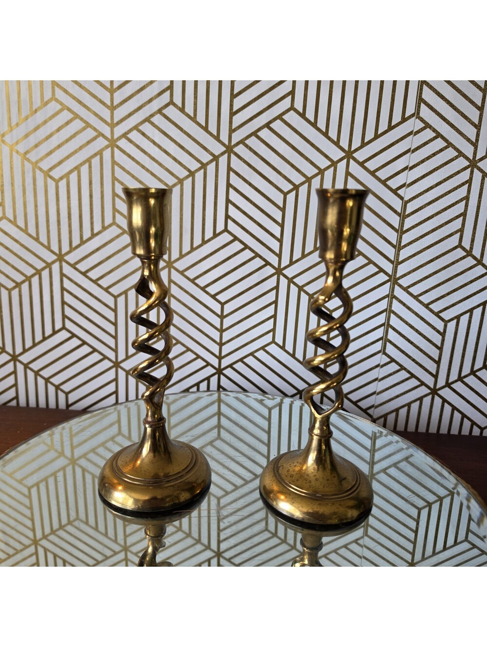 Vintage Pair Solid Brass Barley Twist Candlestick Holders 7.5"